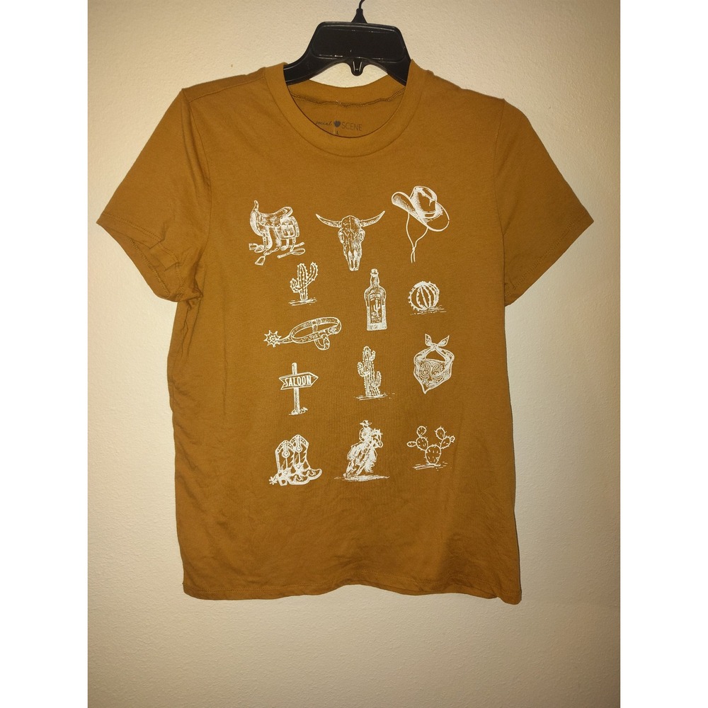 Social Scene Womens Western‎ Graphic T-Shirt Mustard Yellow Cowboy Desert Large